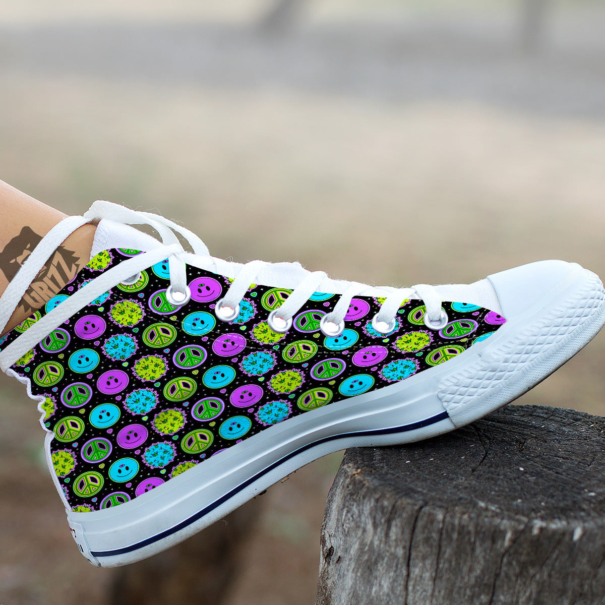 Hippie Peace Symbol And Weed Print Pattern White High Top Shoes-grizzshop
