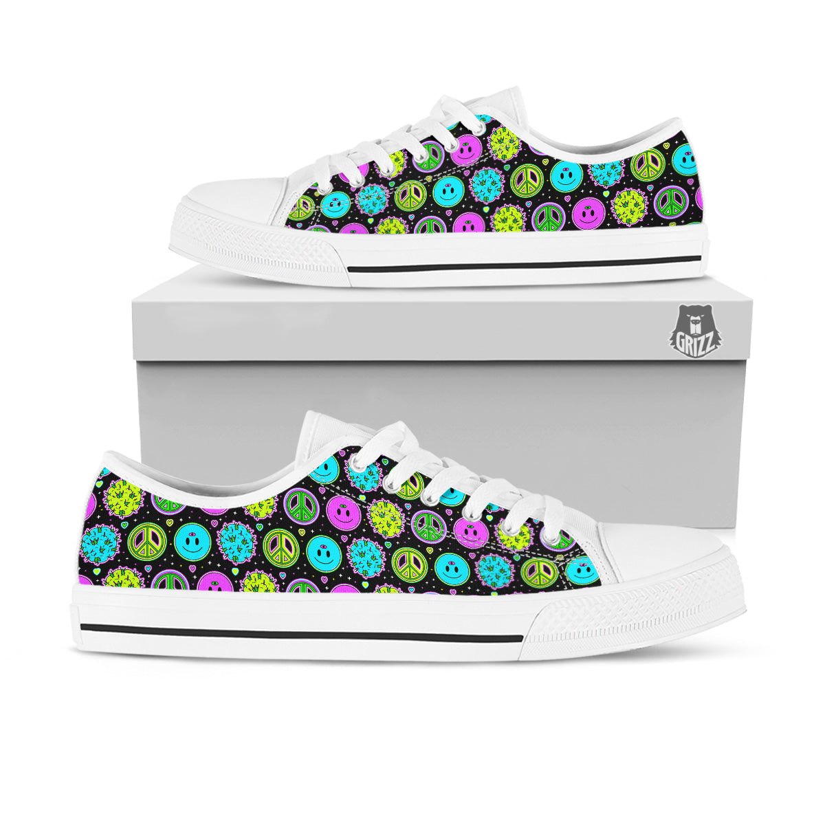 Hippie Peace Symbol And Weed Print Pattern White Low Top Shoes-grizzshop