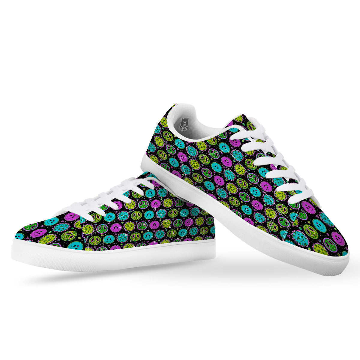 Hippie Peace Symbol And Weed Print Pattern White Low Top Sneakers-grizzshop