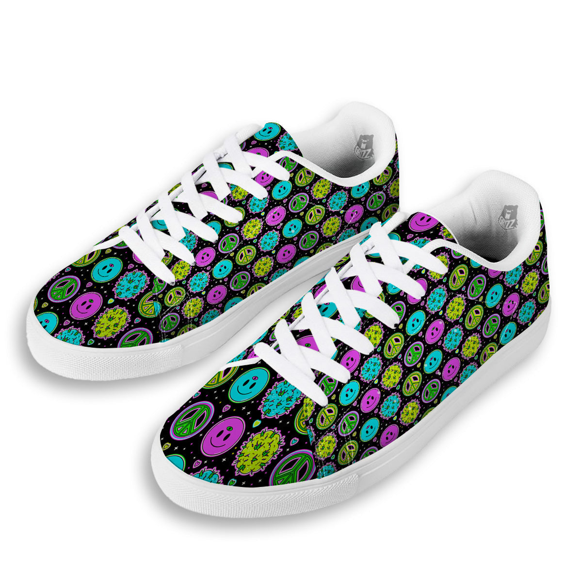 Hippie Peace Symbol And Weed Print Pattern White Low Top Sneakers-grizzshop