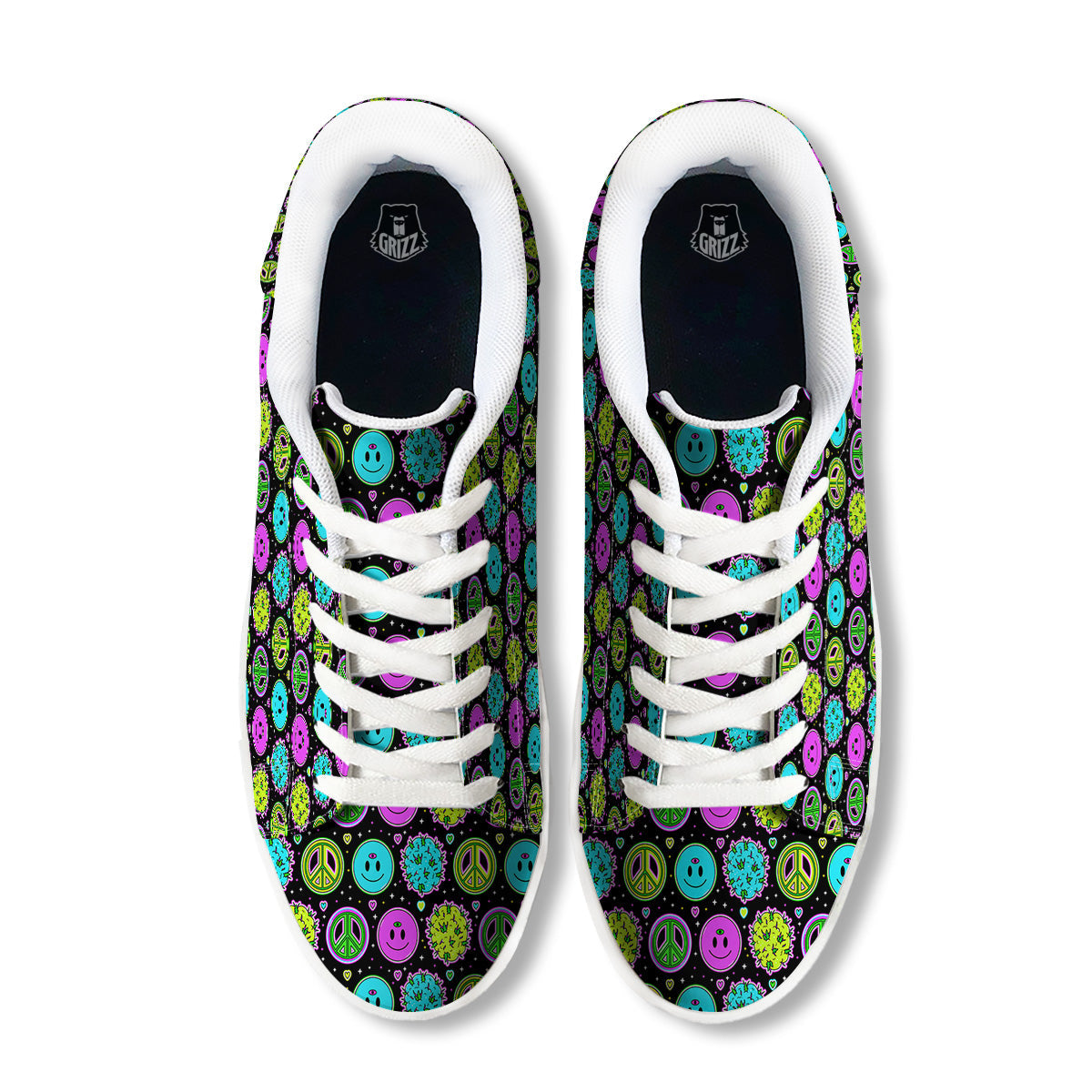 Hippie Peace Symbol And Weed Print Pattern White Low Top Sneakers-grizzshop