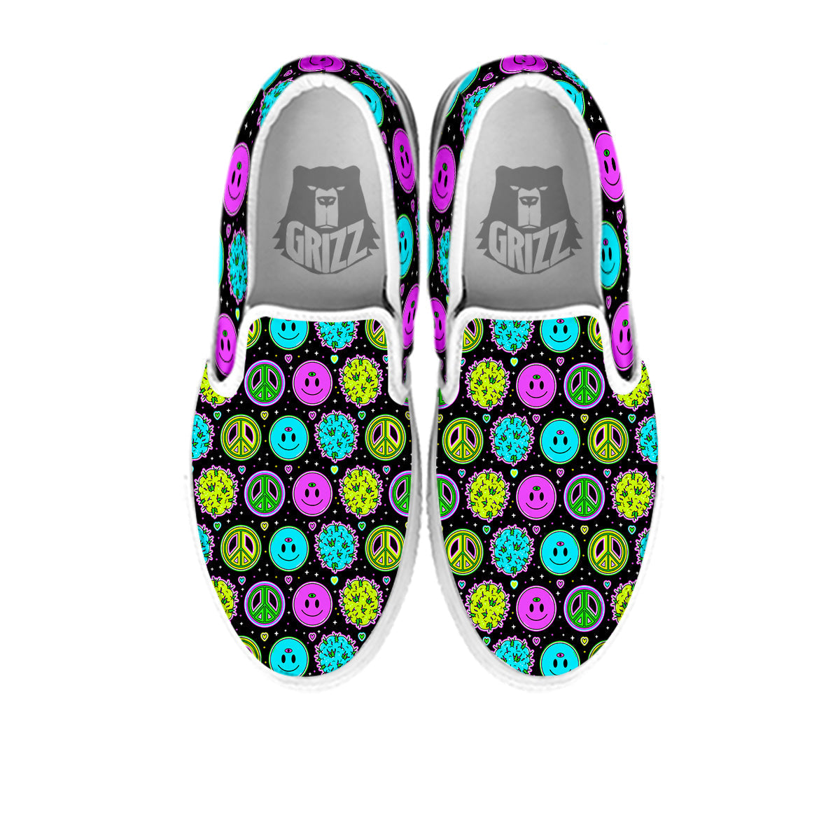 Hippie Peace Symbol And Weed Print Pattern White Slip On Shoes-grizzshop
