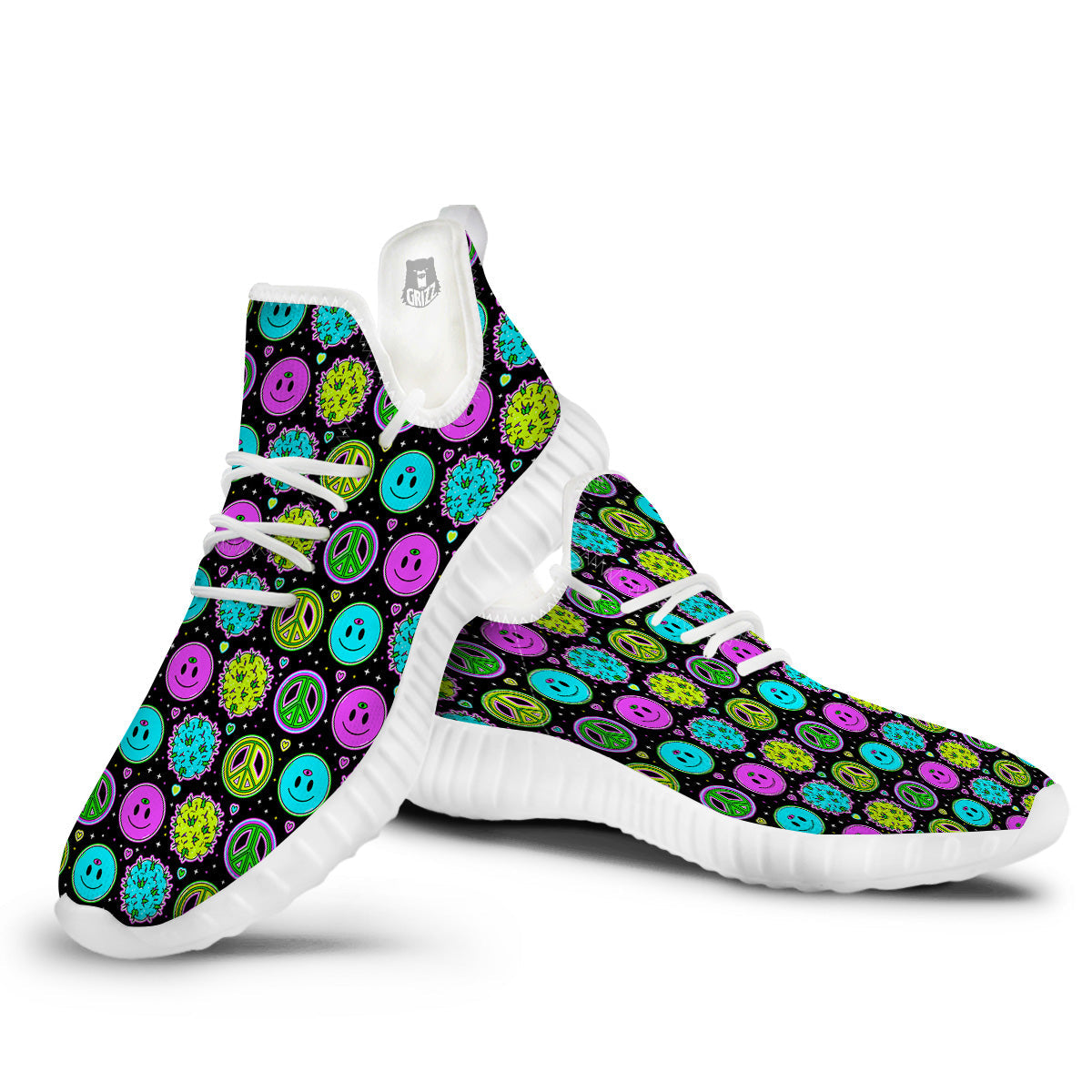 Hippie Peace Symbol And Weed Print Pattern White Walking Shoes-grizzshop