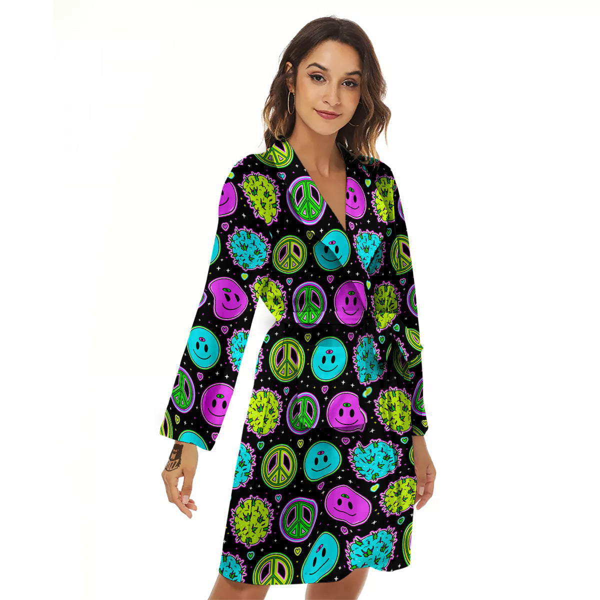 Hippie Peace Symbol And Weed Print Pattern Women's Robe-grizzshop