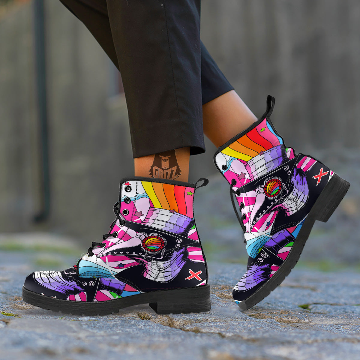 Hippie Plague Doctor Colorful Print Leather Boots-grizzshop