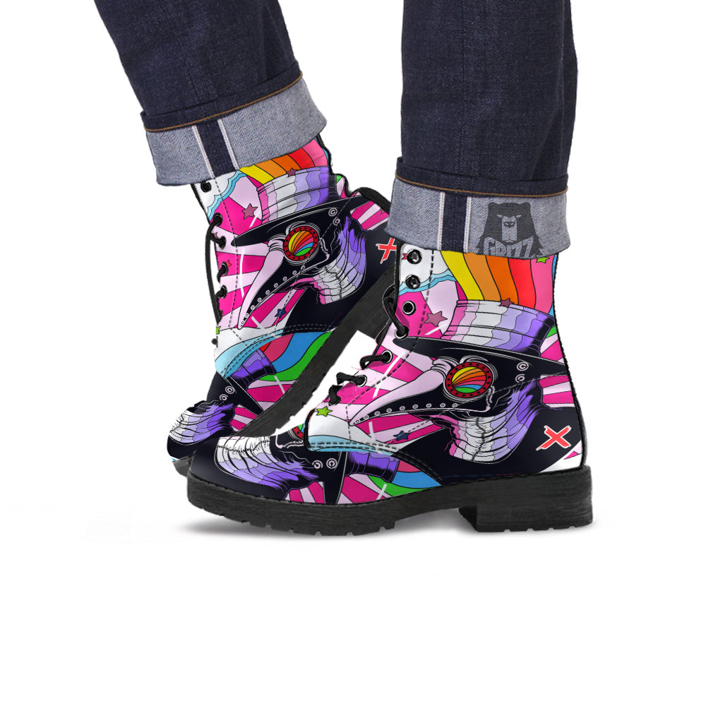 Hippie Plague Doctor Colorful Print Leather Boots-grizzshop