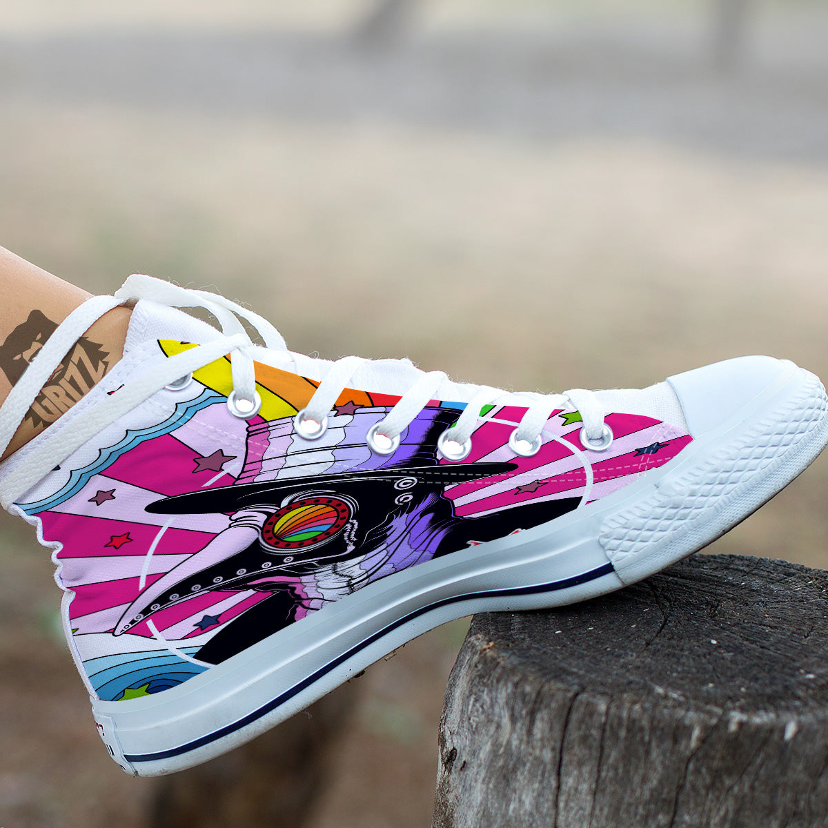 Hippie Plague Doctor Colorful Print White High Top Shoes-grizzshop