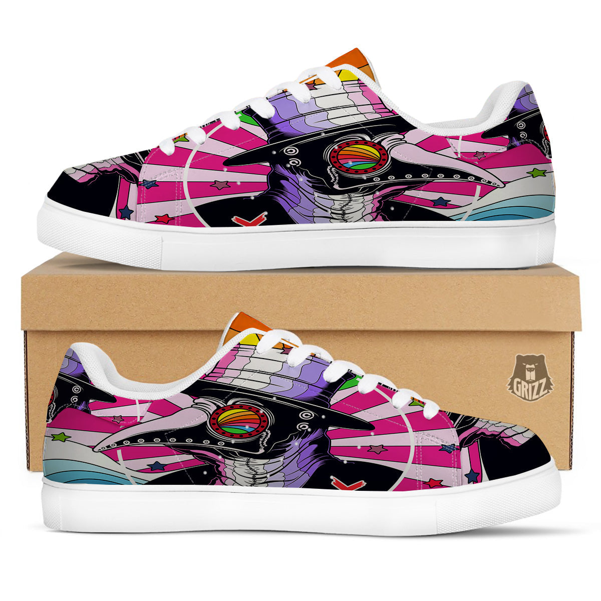 Hippie Plague Doctor Colorful Print White Low Top Sneakers-grizzshop
