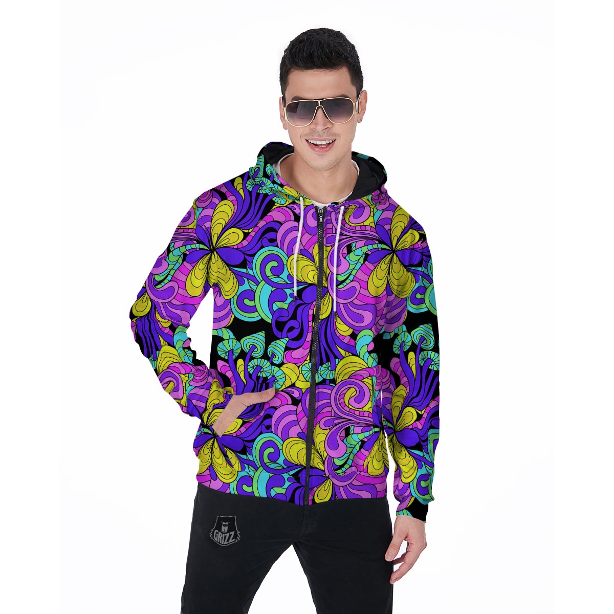 Hippie Psychedelic Mushroom Men's Zip Up Hoodie-grizzshop