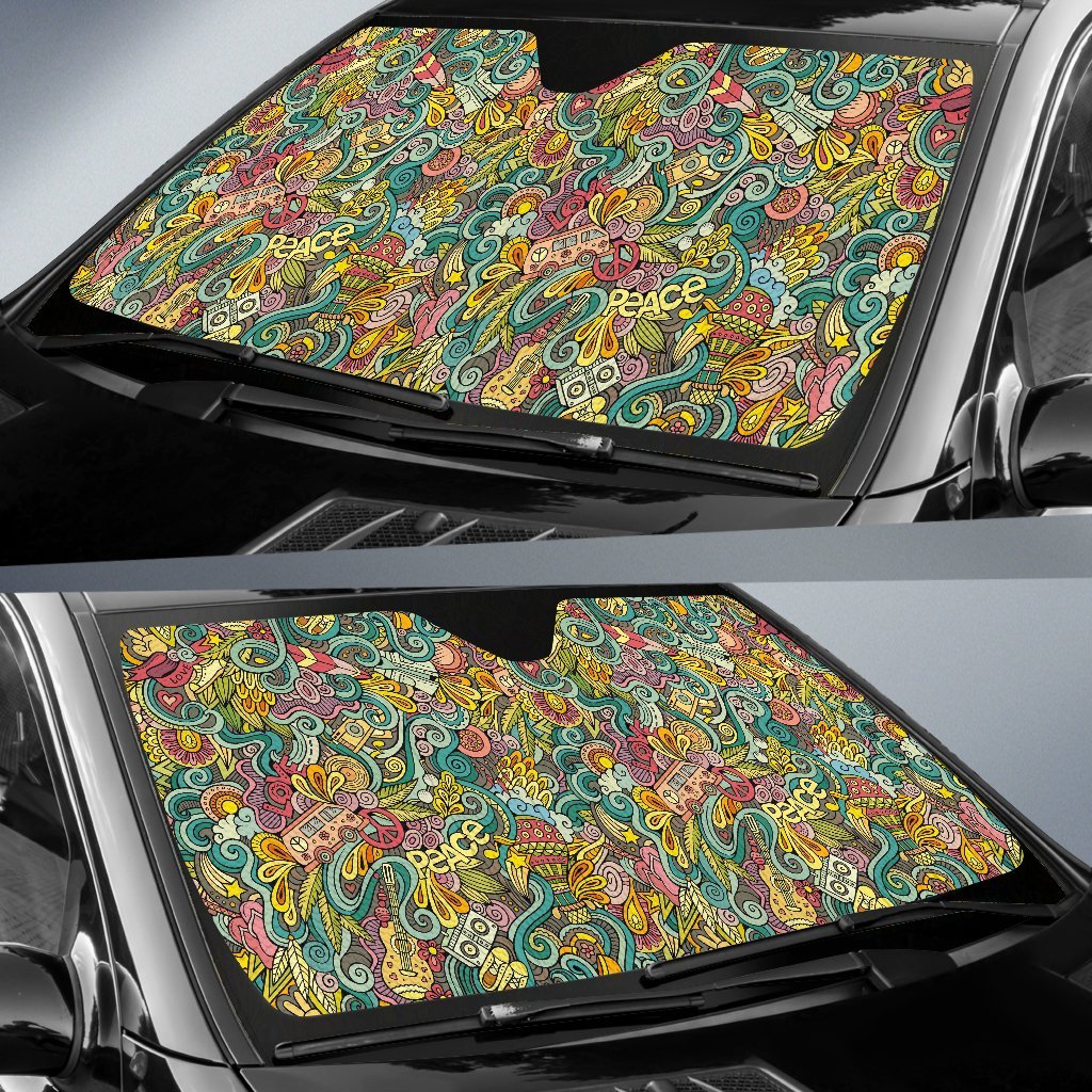 Hippie Psychedelic Van Peace Sign Pattern Print Car Sun Shade-grizzshop