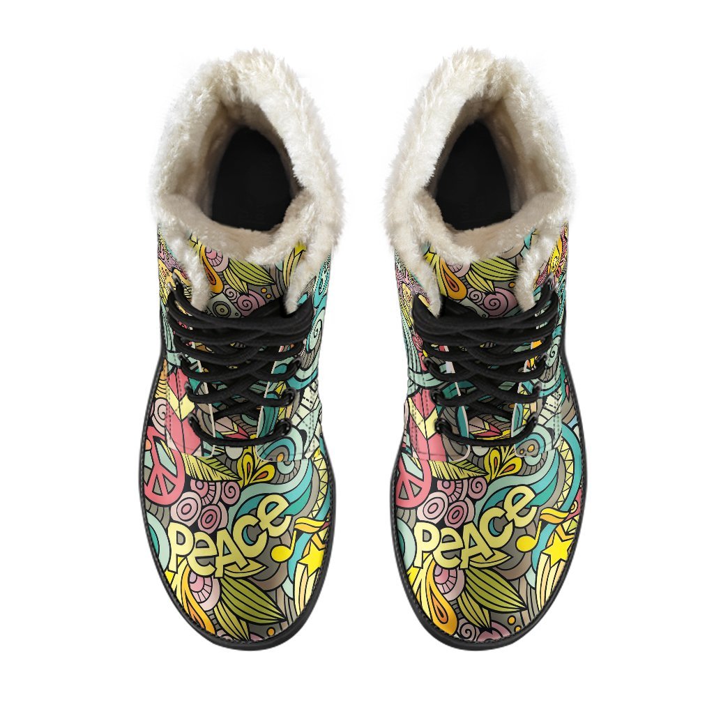 Hippie Psychedelic Van Peace Sign Pattern Print Comfy Winter Boots-grizzshop