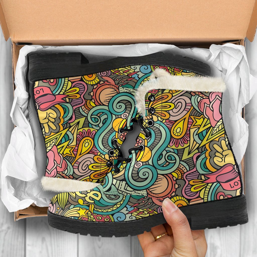 Hippie Psychedelic Van Peace Sign Pattern Print Comfy Winter Boots-grizzshop