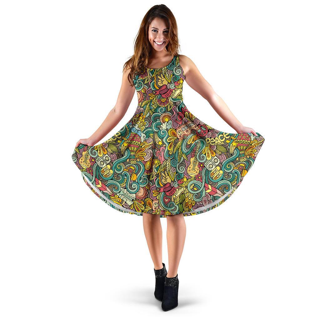 Hippie Psychedelic Van Peace Sign Pattern Print Dress-grizzshop