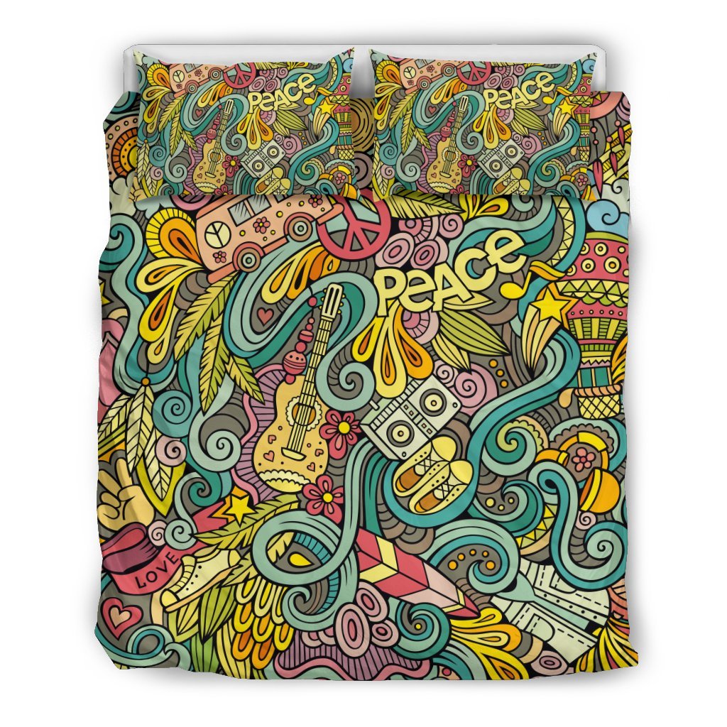 Hippie Psychedelic Van Peace Sign Pattern Print Duvet Cover Bedding Set-grizzshop