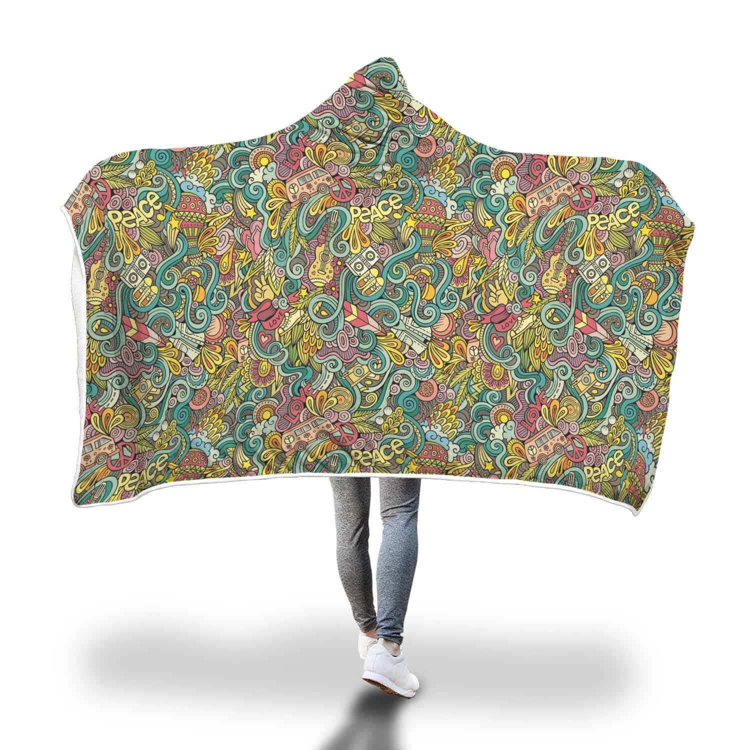 Hippie Psychedelic Van Peace Sign Pattern Print Hooded Blanket-grizzshop