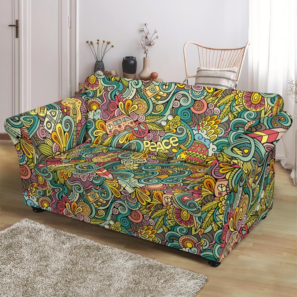 Hippie Psychedelic Van Peace Sign Pattern Print Loveseat Cover-grizzshop