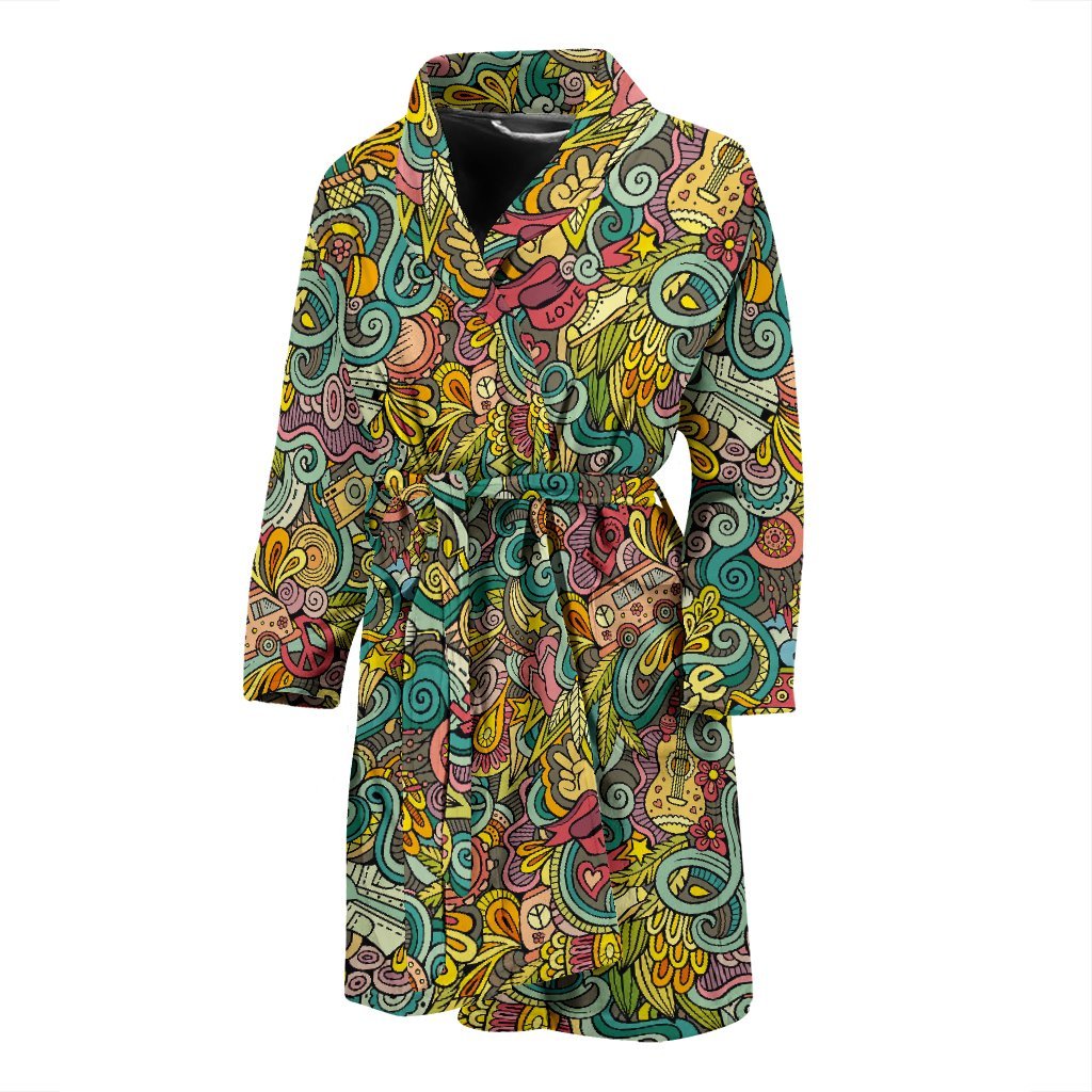 Hippie Psychedelic Van Peace Sign Pattern Print Men Long Robe-grizzshop