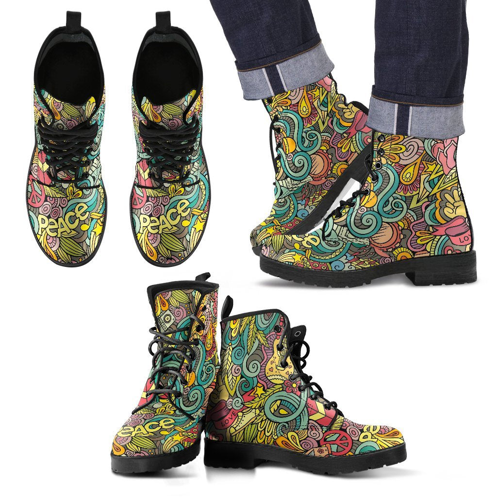 Hippie Psychedelic Van Peace Sign Pattern Print Men Women Leather Boots-grizzshop