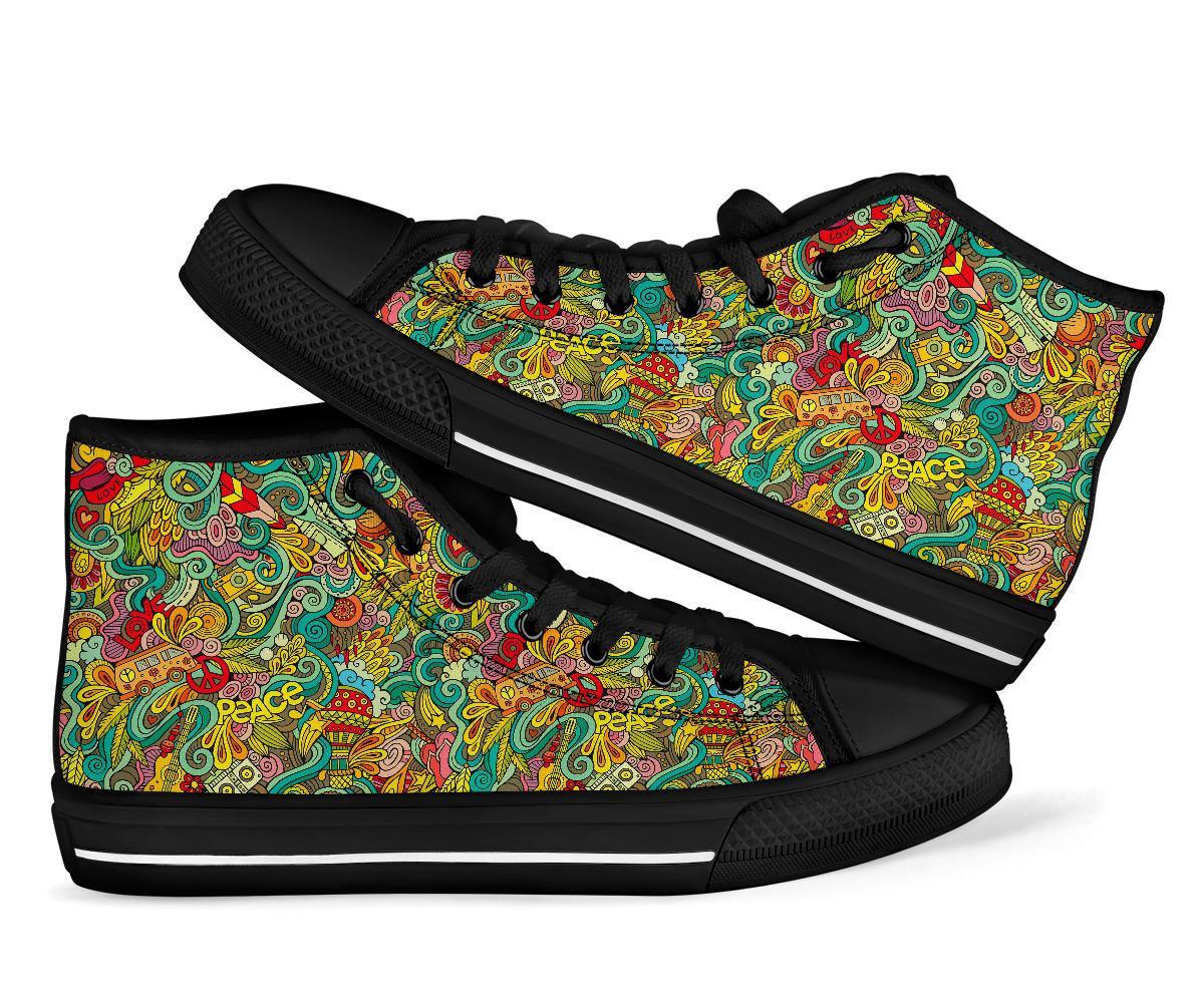 Hippie Psychedelic Van Peace Sign Pattern Print Men Women's High Top Shoes-grizzshop