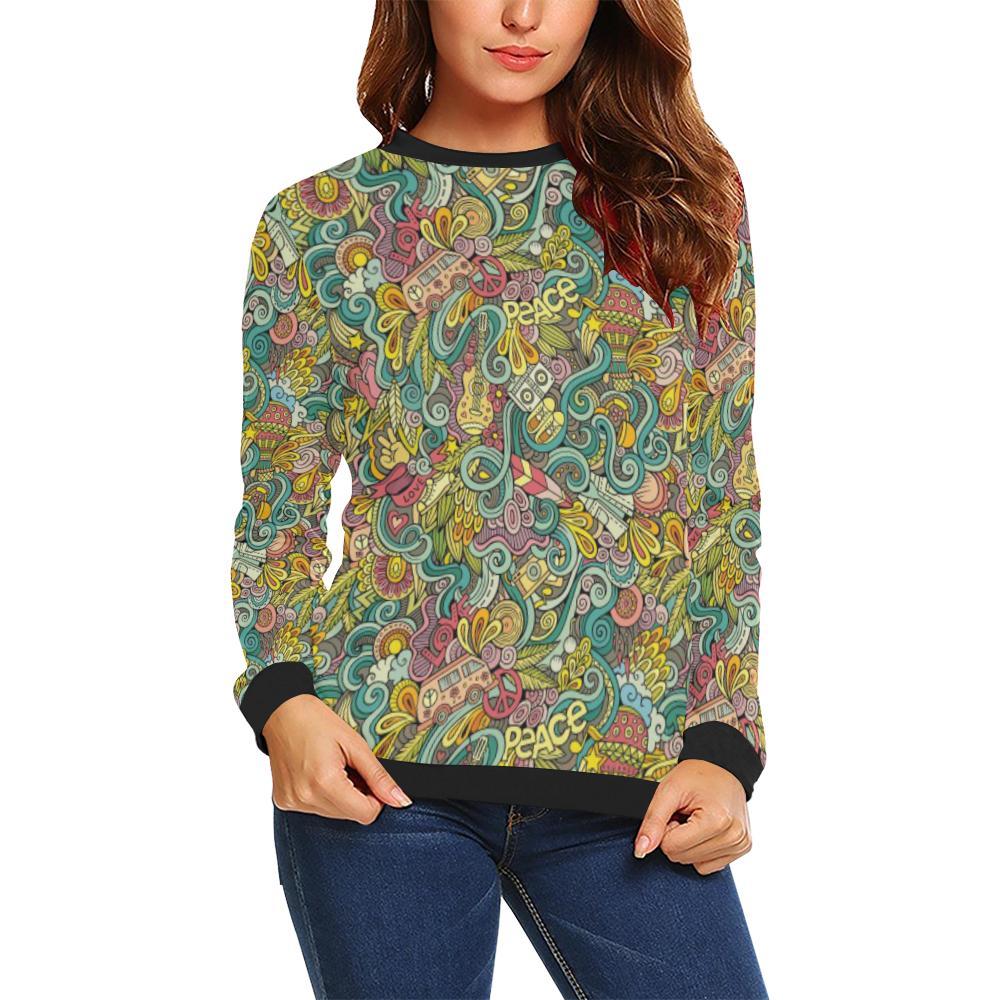 Hippie Psychedelic Van Peace Sign Pattern Print Women Crewneck Sweatshirt-grizzshop