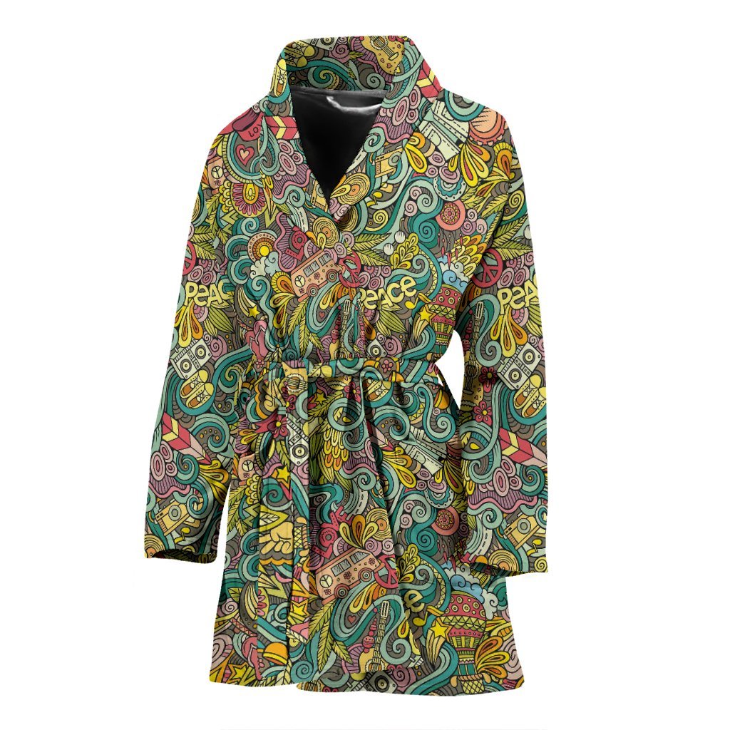 Hippie Psychedelic Van Peace Sign Pattern Print Women Long Robe-grizzshop