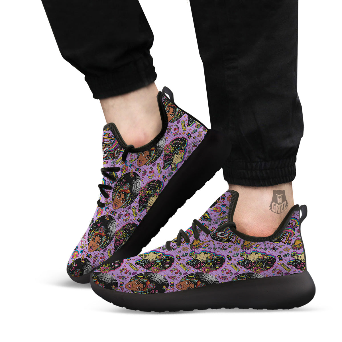 Hippie Retro Funky Women Print Pattern Black Athletic Shoes-grizzshop