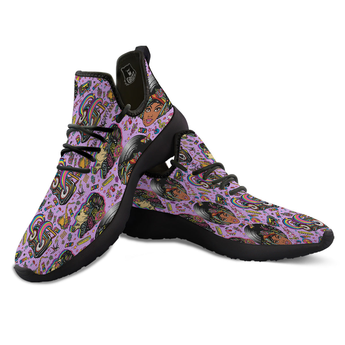 Hippie Retro Funky Women Print Pattern Black Athletic Shoes-grizzshop