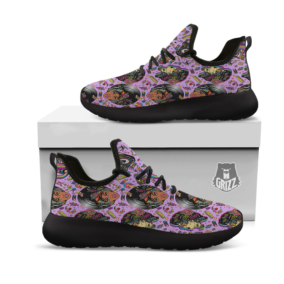 Hippie Retro Funky Women Print Pattern Black Athletic Shoes-grizzshop