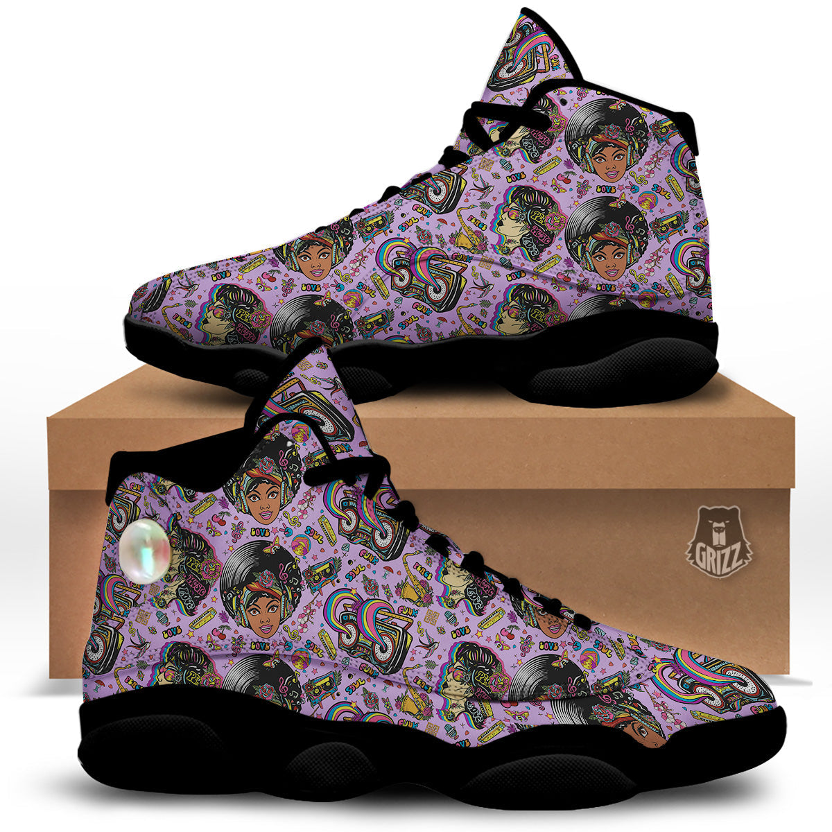 Hippie Retro Funky Women Print Pattern Black Basketball Shoes-grizzshop