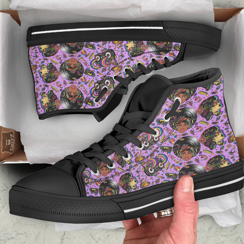 Hippie Retro Funky Women Print Pattern Black High Top Shoes-grizzshop