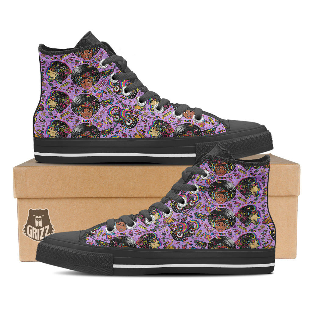 Hippie Retro Funky Women Print Pattern Black High Top Shoes-grizzshop