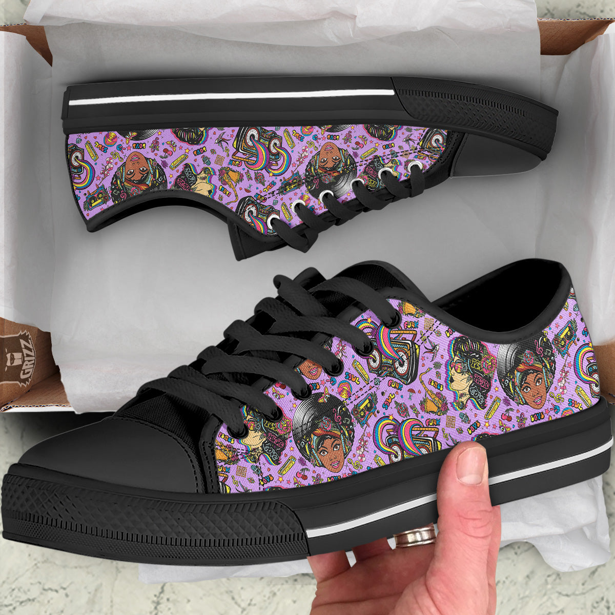 Hippie Retro Funky Women Print Pattern Black Low Top Shoes-grizzshop