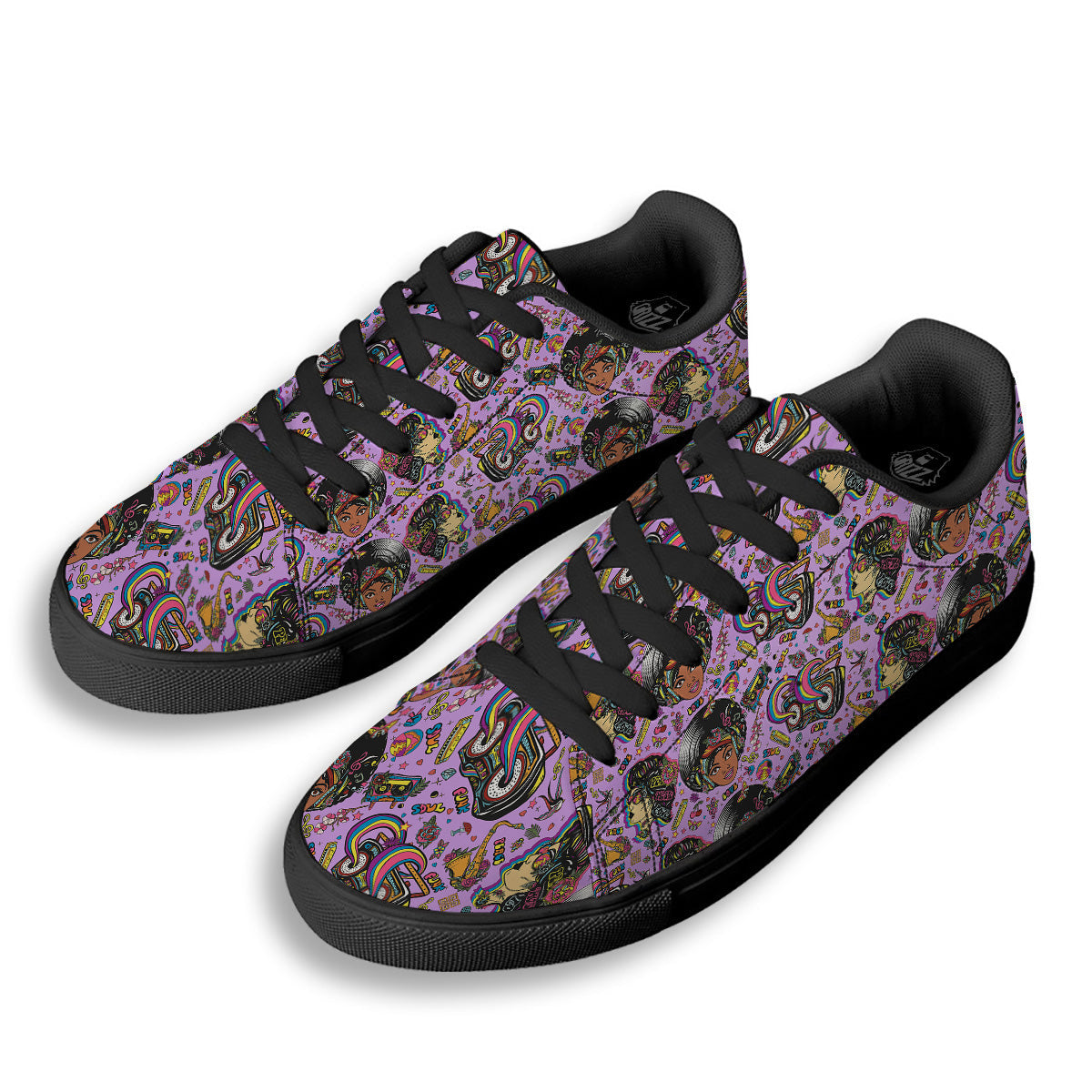 Hippie Retro Funky Women Print Pattern Black Low Top Sneakers-grizzshop