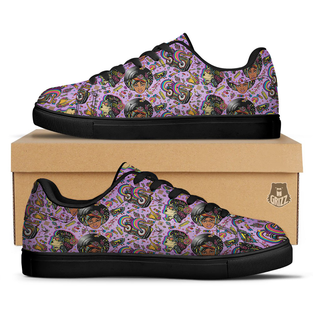 Hippie Retro Funky Women Print Pattern Black Low Top Sneakers-grizzshop