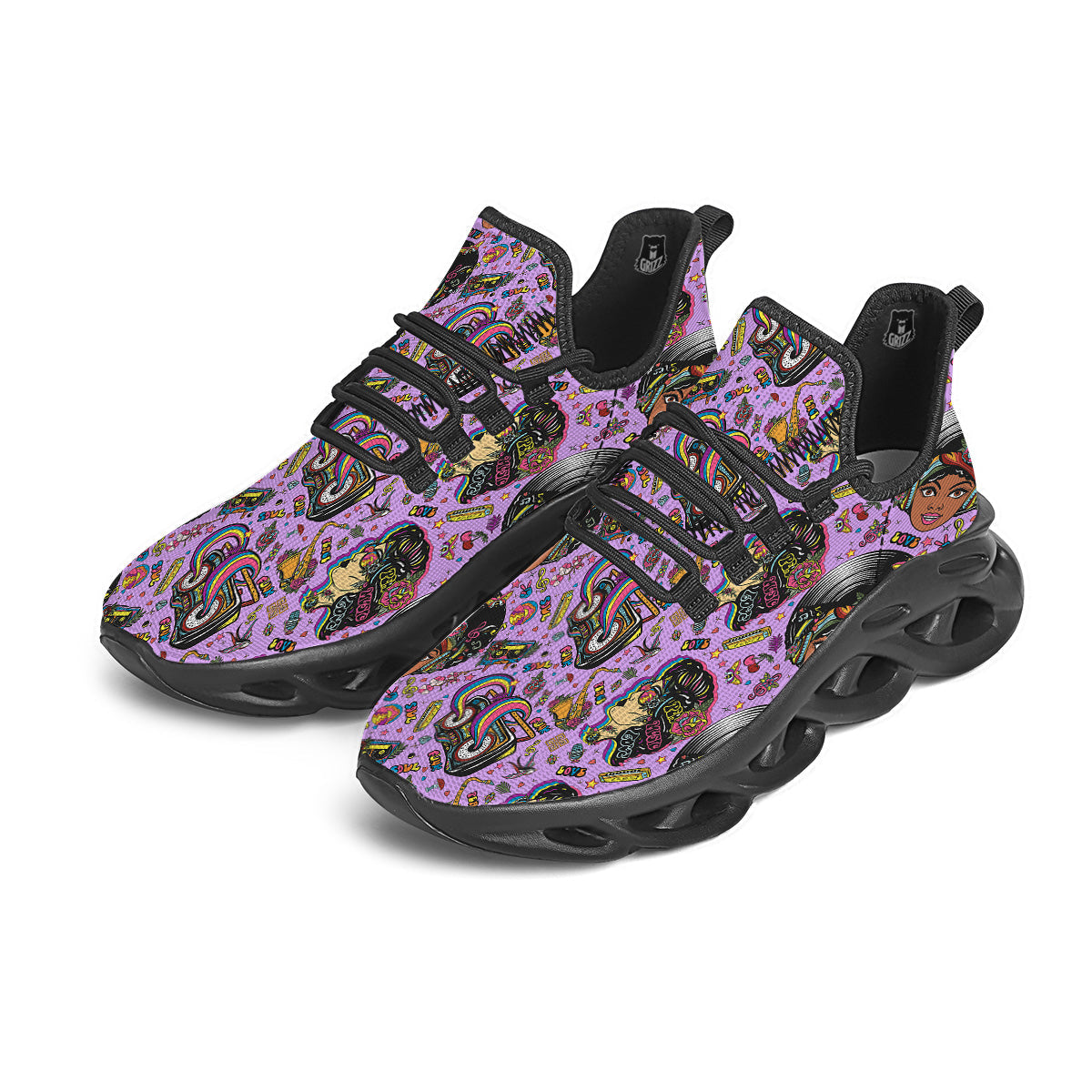 Hippie Retro Funky Women Print Pattern Black Running Shoes-grizzshop