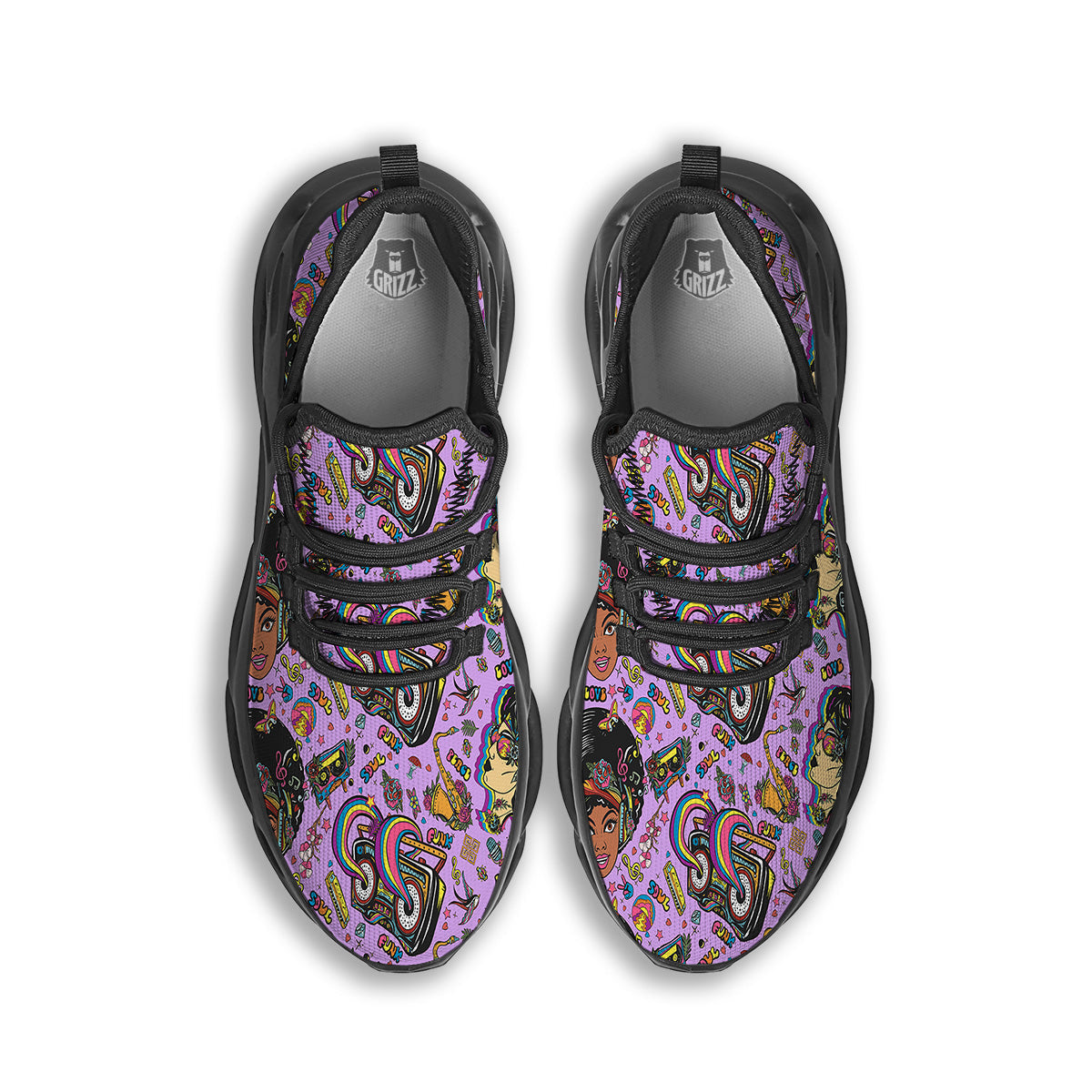 Hippie Retro Funky Women Print Pattern Black Running Shoes-grizzshop