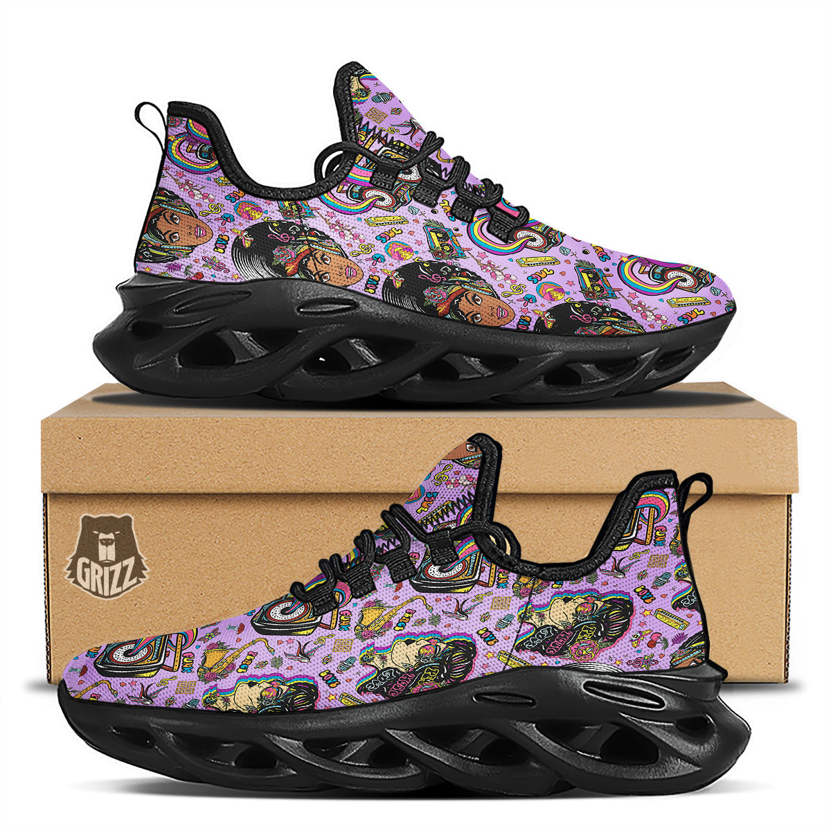 Hippie Retro Funky Women Print Pattern Black Running Shoes-grizzshop