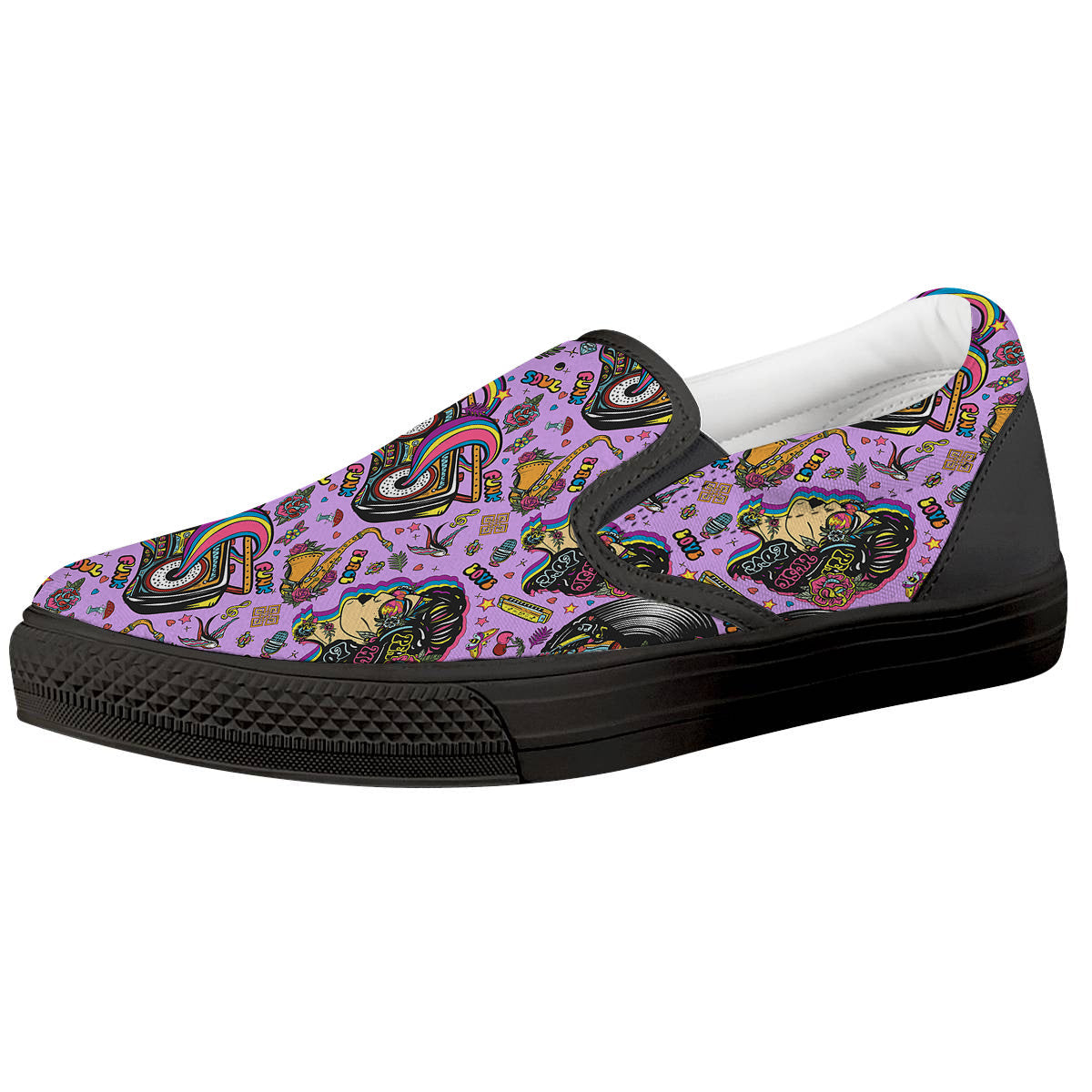 Hippie Retro Funky Women Print Pattern Black Slip On Shoes-grizzshop