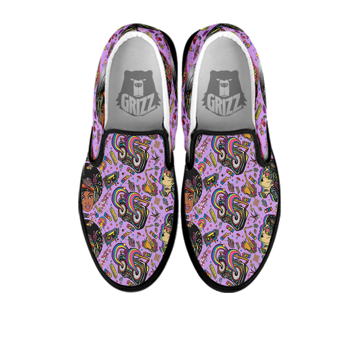 Hippie Retro Funky Women Print Pattern Black Slip On Shoes-grizzshop