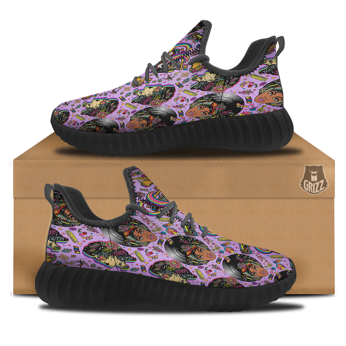 Hippie Retro Funky Women Print Pattern Black Walking Shoes-grizzshop
