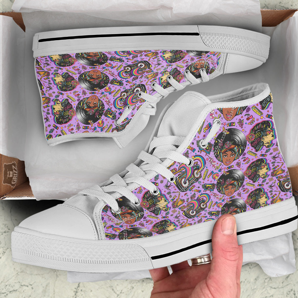 Hippie Retro Funky Women Print Pattern White High Top Shoes-grizzshop