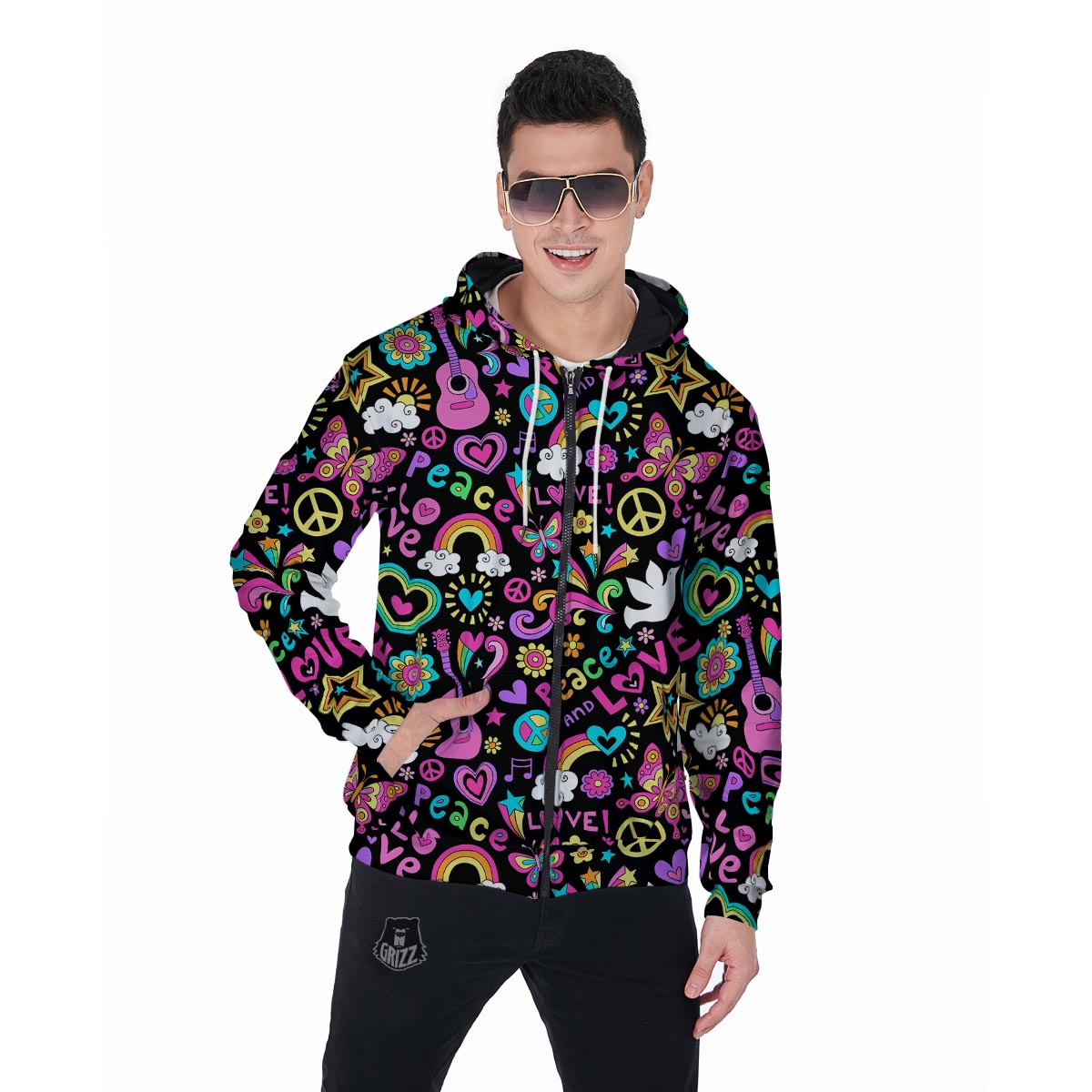 Hippie Retro Men's Zip Up Hoodie-grizzshop