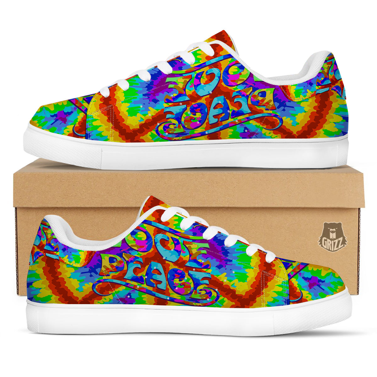 Hippie Symbol Colorful Abstract Print White Low Top Sneakers-grizzshop