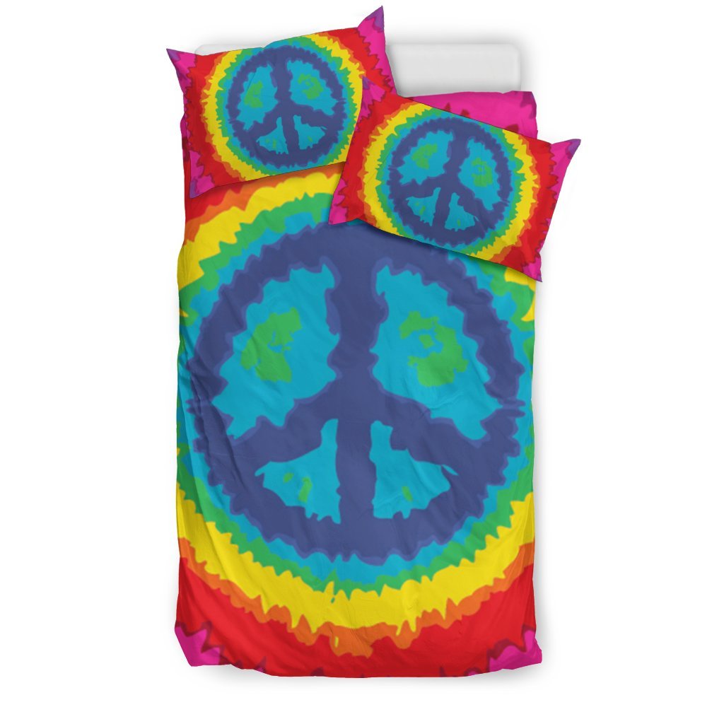 Hippie Tie dye Peace Sign Pattern Print Duvet Cover Bedding Set-grizzshop