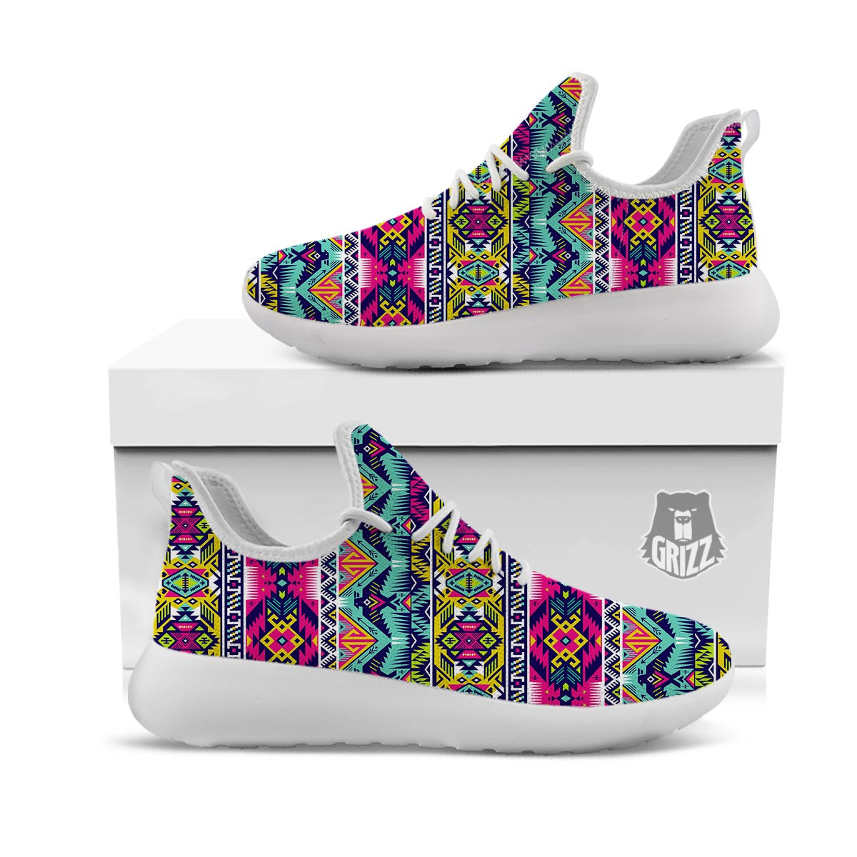 Hippie Tribal Aztec Print Pattern White Athletic Shoes-grizzshop