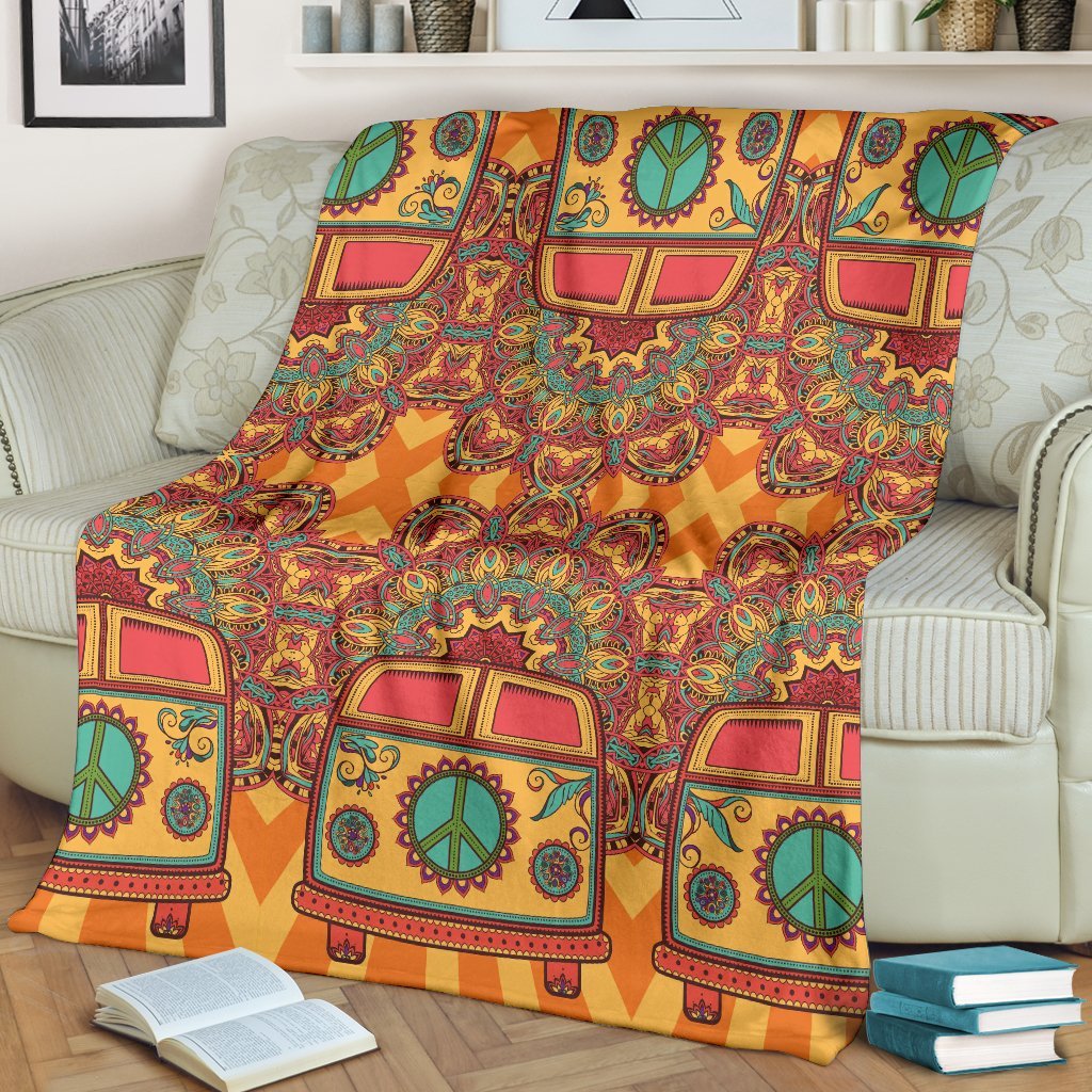 Hippie Van Peace Sign Mandala Pattern Print Blanket-grizzshop