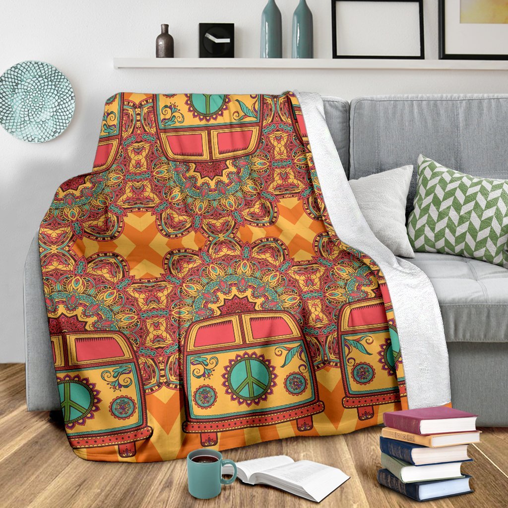 Hippie Van Peace Sign Mandala Pattern Print Blanket-grizzshop