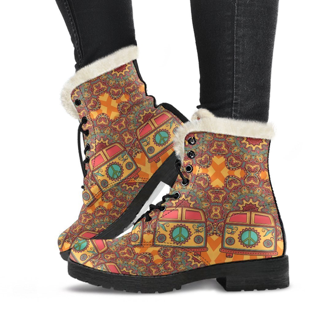 Hippie Van Peace Sign Mandala Pattern Print Comfy Winter Boots-grizzshop