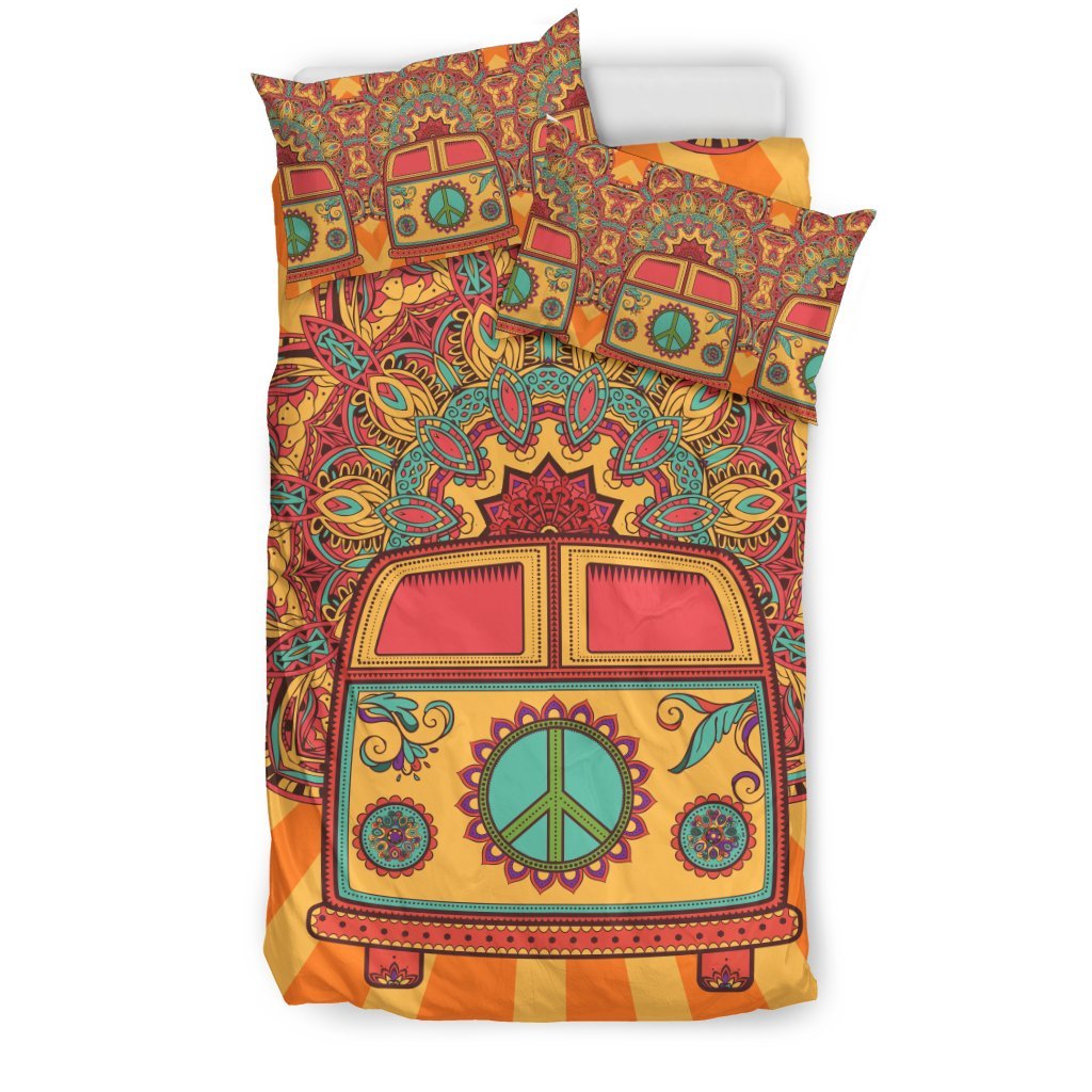 Hippie Van Peace Sign Mandala Pattern Print Duvet Cover Bedding Set-grizzshop