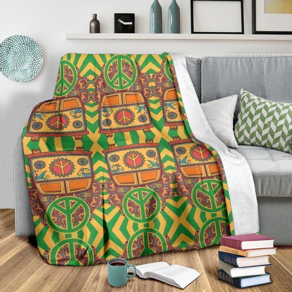 Hippie Van Peace Sign Pattern Print Blanket-grizzshop